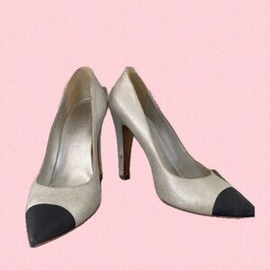 Authentic CHANEL Women's Silver Cream and Black Heels